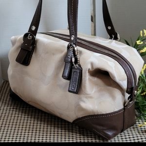 Coach Shoulder Tote Bag Neutral Fabric Brown Leather Trim Weekender